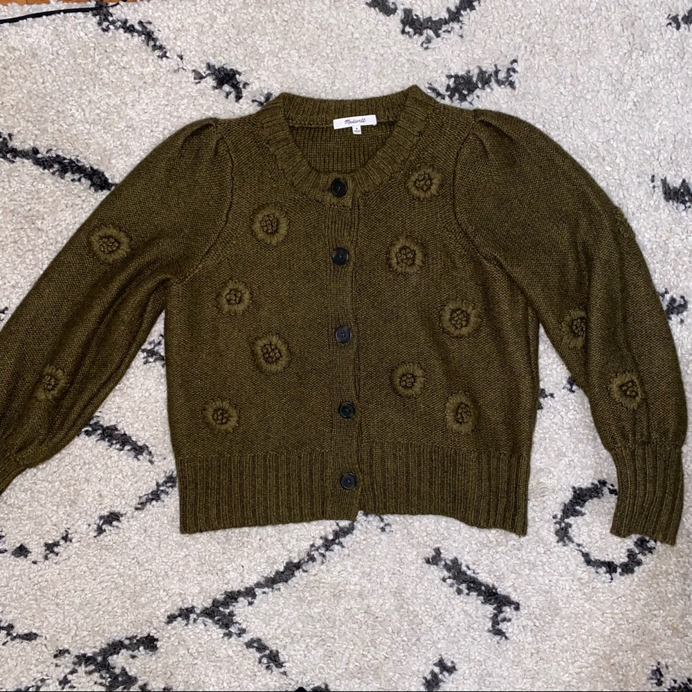 Madewell Embroidered Edencroft Pleat-Sleeve Cardigan Sweater, M